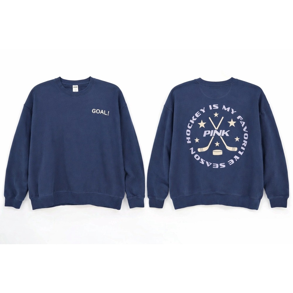 Victorias Secret PINK Navy Hockey Goal Graphic‎ Crew Neck Sweatshirt XL Athletic